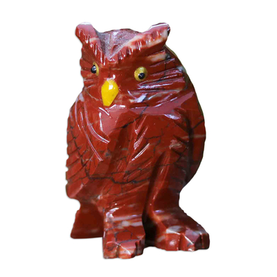 Handcrafted Red Dolomite Sculpture of an Owl from Brazil