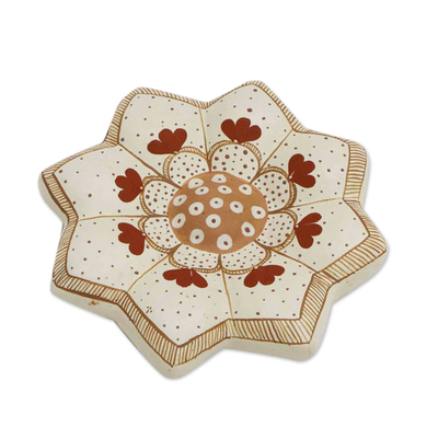 Hand-Painted Floral Ivory and Brown Ceramic Wall Art