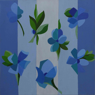 Signed Stretched Acrylic Naif Painting of Blue Flowers