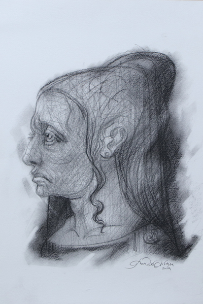 Signed Graphite Drawing of Woman in Grey and Black Hues
