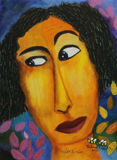 Signed Stretched Colorful Naif Acrylic Painting of Woman
