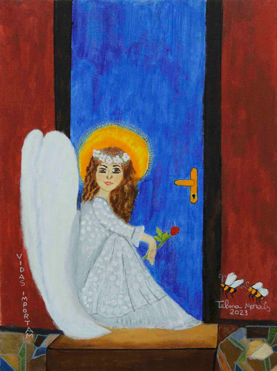 Naif Acrylic Portrait of Angel with Flowers Made in Brazil
