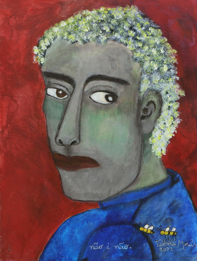 Signed Vibrant Naif Acrylic Painting of Mysterious Man