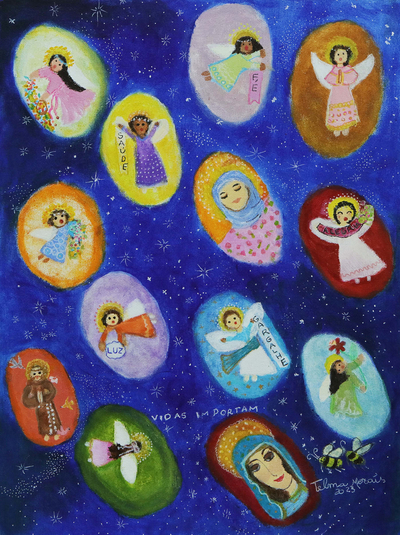 Stretched Signed Blue Naif Acrylic Painting of Little Angels