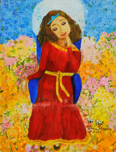 Acrylic Portrait of Woman with Flowers Symbolizing Patience