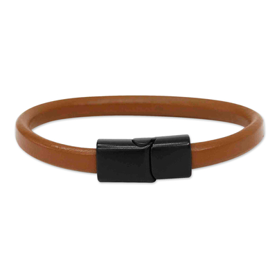 Unisex Brown Leather Wristband Bracelet with Zamac Clasp