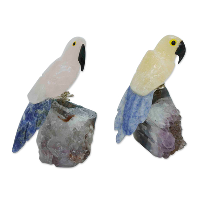 2 Multi-Gemstone Macaw Figurines Handmade in Brazil