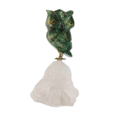 Handcrafted Serpentinite and White Quartz Owl Figurine