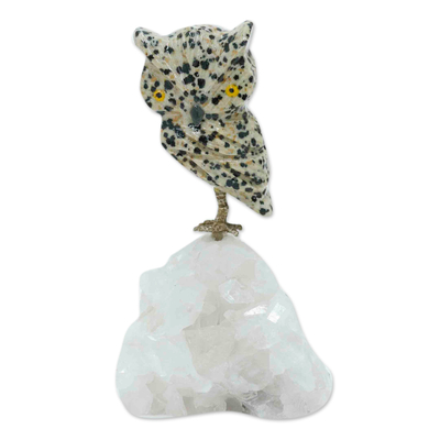 Handcrafted Dalmatian Jasper and White Quartz Owl Figurine