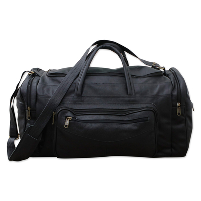 Black Leather Travel Bag with Handles and Adjustable Strap