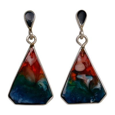 Diamond-Shaped Cool-Toned Silver and Resin Dangle Earrings
