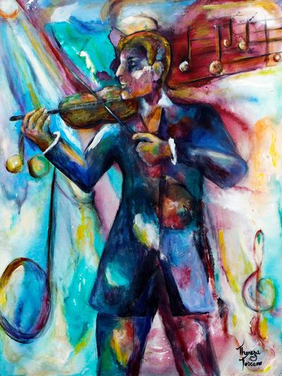 Acrylic Painting of Violin Player with Musical Symbols
