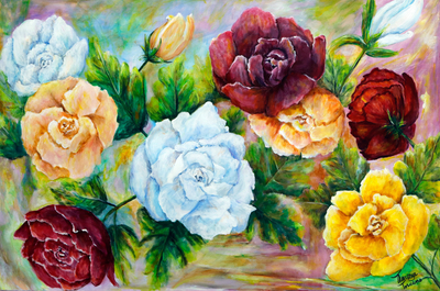 Acrylic on Canvas Rose Still-Life Painting from Brazil
