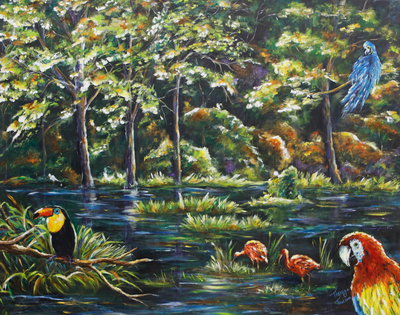 Acrylic on Canvas Painting of Amazon Rainforest with Birds