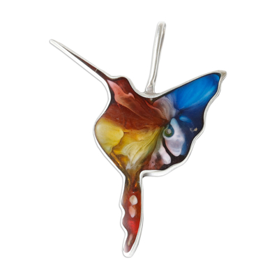 Abstract Vibrant Hummingbird-Shaped Silver and Resin Pendant