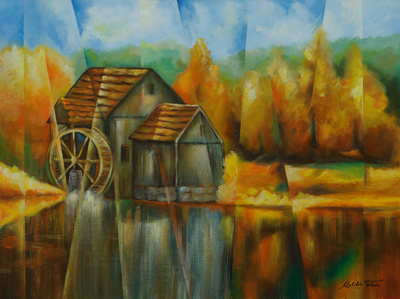 Modern Cubism Watermill Landscape Acrylic Painting