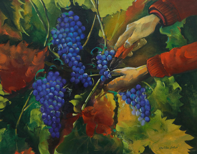 Acrylic Painting of Hands Harvesting Wine Grapes from Brazil
