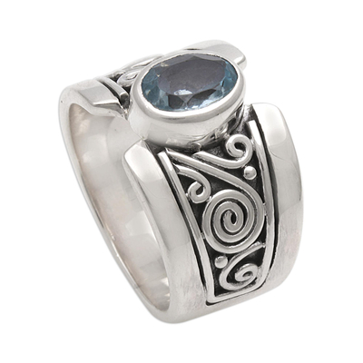 Artisan Crafted Sterling Silver Wide Ring with Blue Topaz