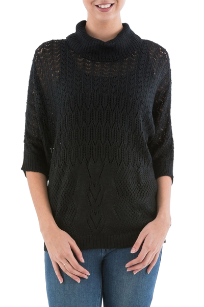 Black Pullover Sweater with Three Quarter Length Sleeves