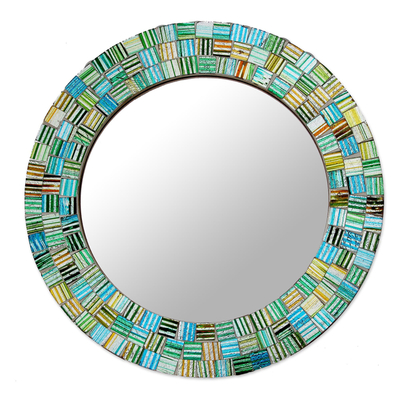 Artisan Crafted Round Glass Mosaic Mirror in Aqua