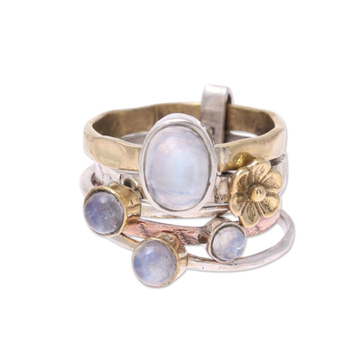 Mixed Metals Floral Rainbow Moonstone Ring from India