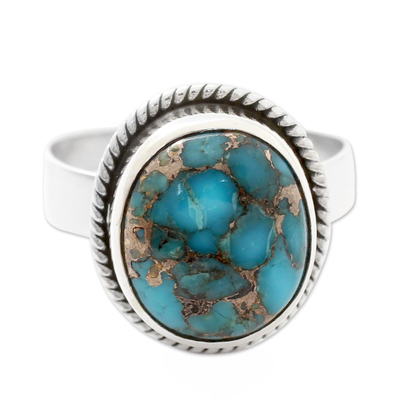 Silver Silver and Blue Composite Turquoise Ring from India