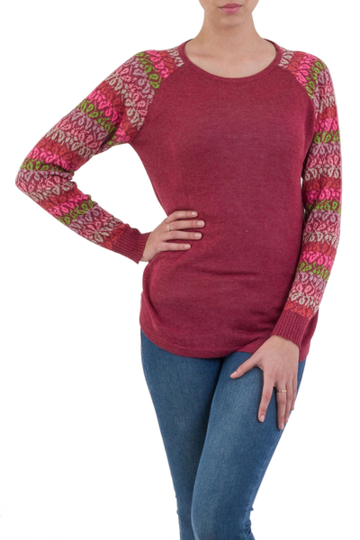 Tunic Sweater in Wine with Multi Color Floral Sleeves