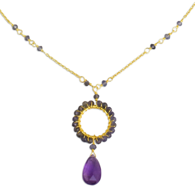 24k Gold Plated Silver Necklace with Iolite and Amethyst