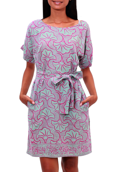 Batik Rayon Shift Dress in Green and Magenta from Bali