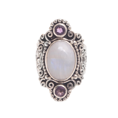 Rainbow Moonstone and Amethyst Cocktail Ring from Bali