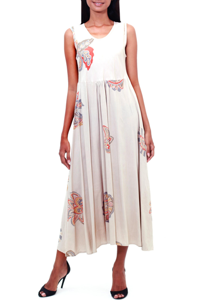 Printed Rayon A-Line Dress in Buff from Bali
