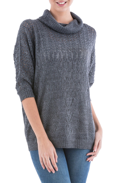 Grey Pullover Sweater with Three Quarter Length Sleeves