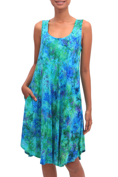Blue and Green Tie-Dyed Batik Leaves Sleeveless Rayon Dress