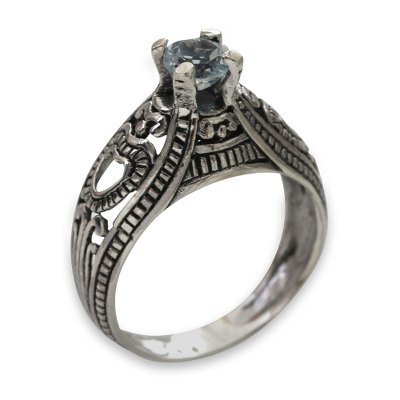 Balinese Blue Topaz Solitaire with Sterling Silver Cutouts