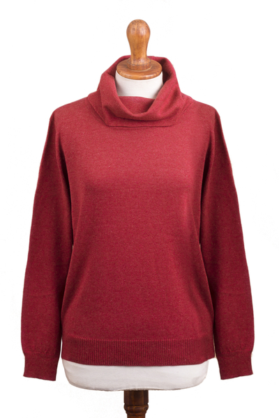 Knit Cotton Blend Pullover in Solid Cerise Red from Peru