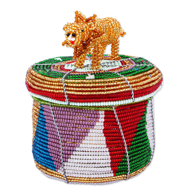 Multicolored Beaded Box with Lion