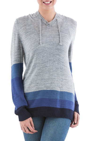 Blue and Grey Striped Hoodie Sweater from Peru