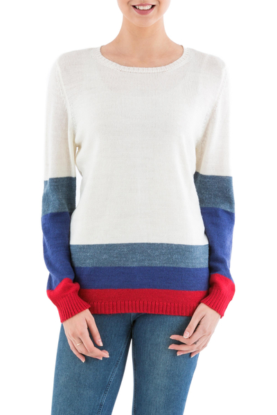 Ivory Pullover Sweater with Blue and Red Stripes