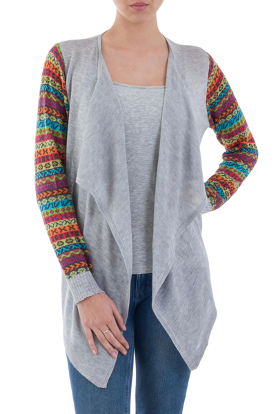 Solid Grey Open Cardigan with Multicolored Patterned Sleeves
