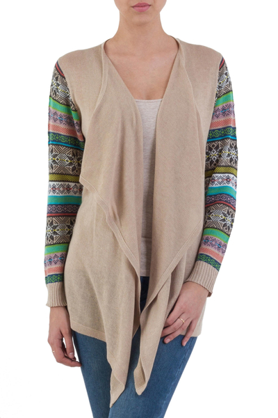 Solid Beige Open Cardigan with Patterned Sleeves from Peru