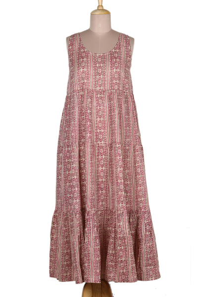 Sleeveless Cotton Maxi Dress in Berry and Wheat