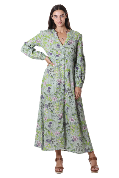 Screen Printed Floral-Motif Cotton Maxi Dress