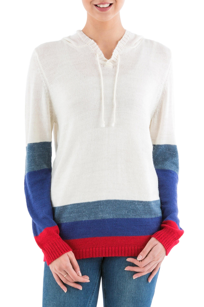 Ivory Hoodie Sweater with Blue and Red Stripes
