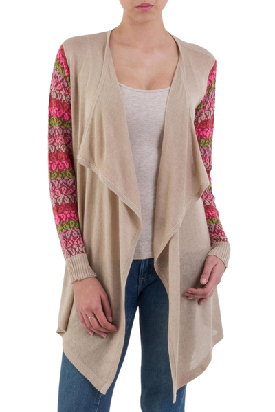 Beige Open Front Cardigan with Multicolor Floral Sleeves