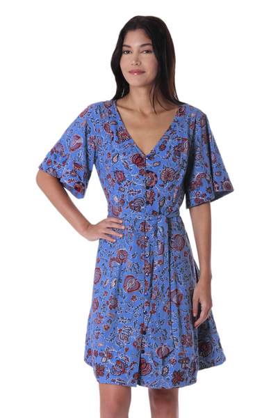 Floral Printed Cotton Tunic-Style Dress in Cerulean