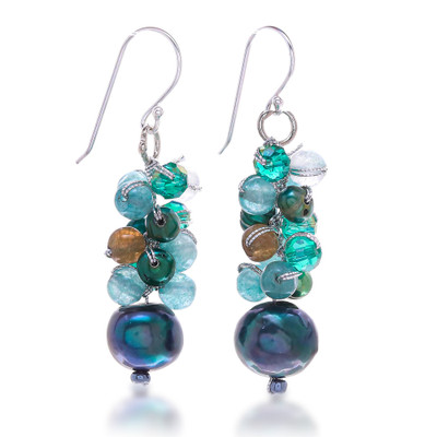 Blue-Green Gemstone Cluster Dangle Earrings