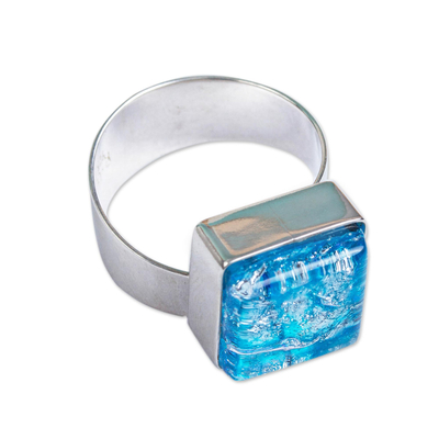 Modern Blue Dichroic Art Glass and Sterling Silver Ring