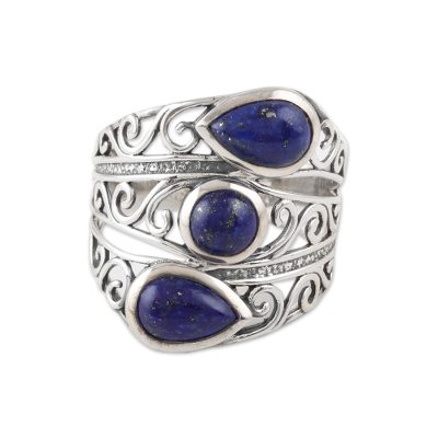 Three Stone Lapis Lazuli and Sterling Silver Cocktail Ring