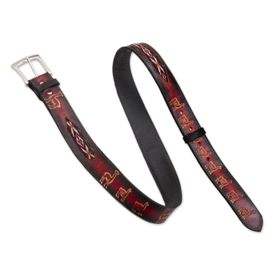 Embossed Llama Motif Leather and Wool Belt