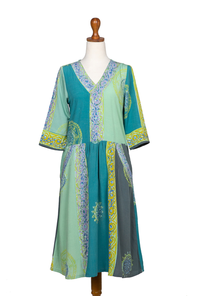Green Batik A-Line Dress with Floral Motif